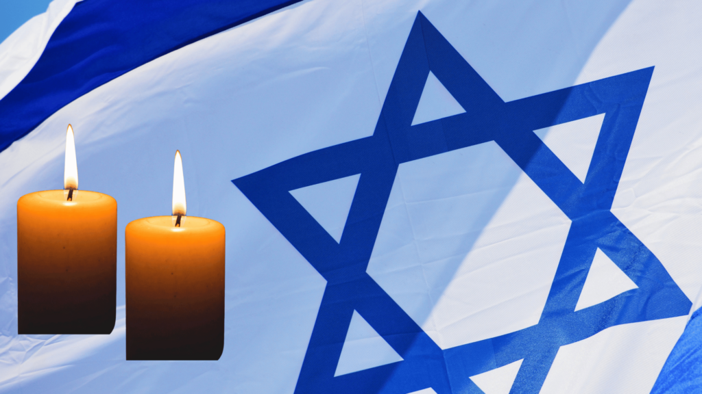 יום הזיכרון לארועי השבעה באוקטובר ומלחמת חרבות ברזל :דגל ישראל ונרות זיכרון