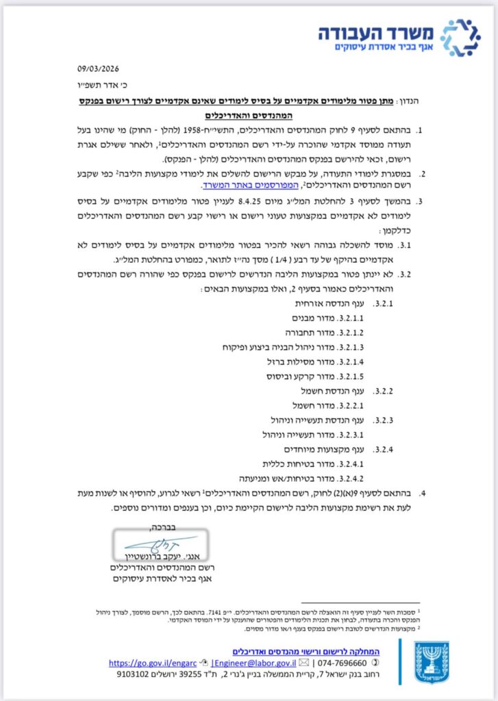 הנדון: מתן פטור מלימודים אקדמיים על בסיס לימודים שאינם אקדמיים לצורך רישום בפנקס המהנדסים והאדריכלים